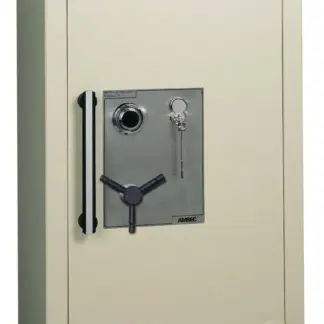 High-security safe with key and combination lock.