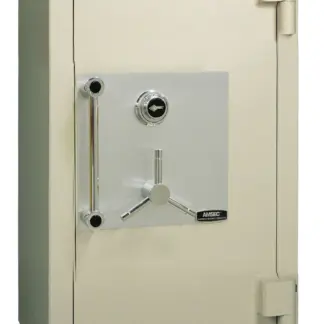 Large beige security safe with combination lock.