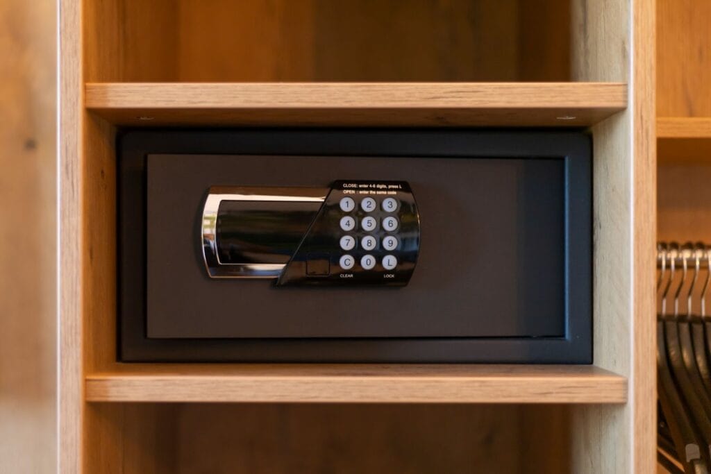 Digital safe inside wooden cabinet