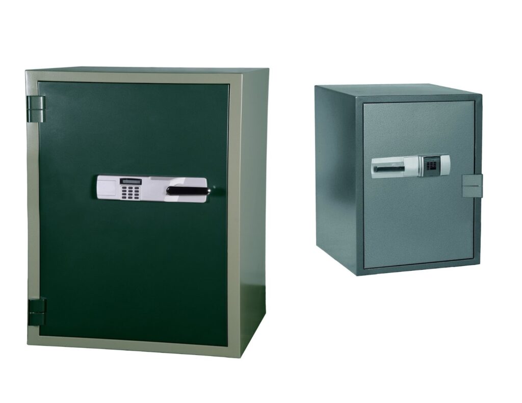 Two security safes with electronic locks.