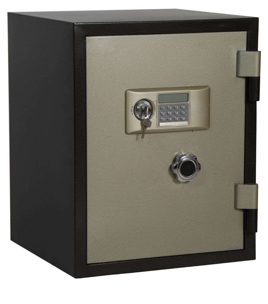 Secure metal safe with keypad and key lock